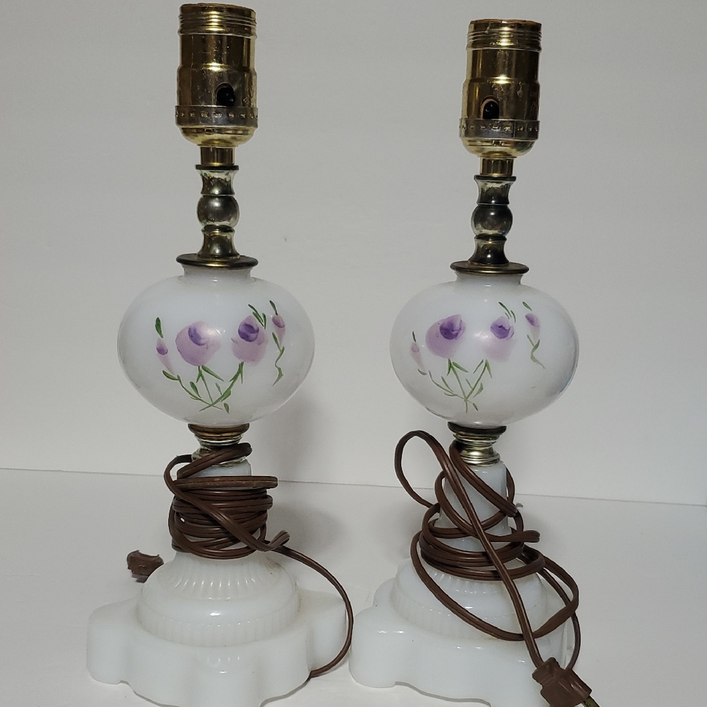 Vintage Hand Painted Boudoir White Milk Glass Table Lamps~Pair